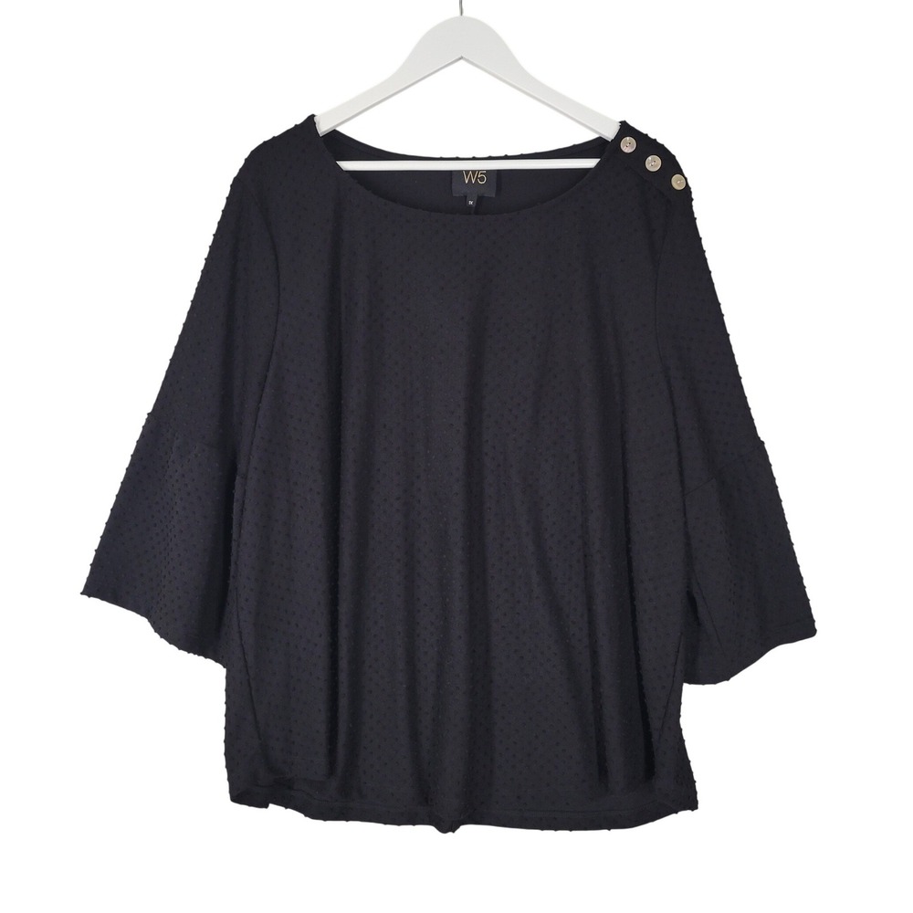 W5 Swiss Dot Bell Sleeve Blouse Womens 1X Black Button Shoulder Top 23300SWD